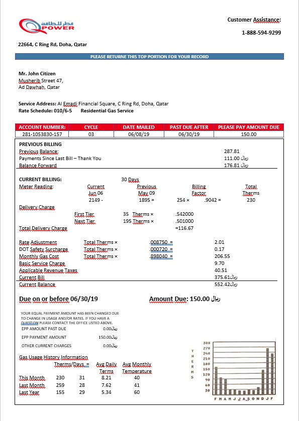 Qatar Power Company QPOWER electricity bill in Word format
